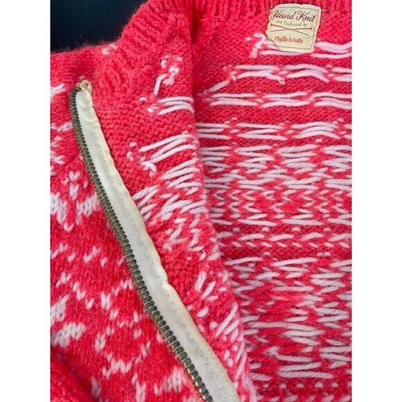 Vintage Cozy Cardigan Hand Made Neon Pink Fair Isle Heavy S/M - Picture 3 of 14